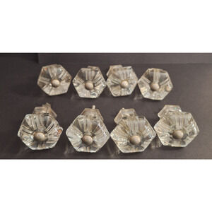 Vintage Lot Of 8 Matching Glass 1 1/2" Hexagon Drawer Pulls Handles Knobs